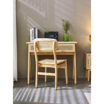 北歐藤編實木時尚書桌椅組合簡約日系小戶型伸縮電腦桌橡木書法桌