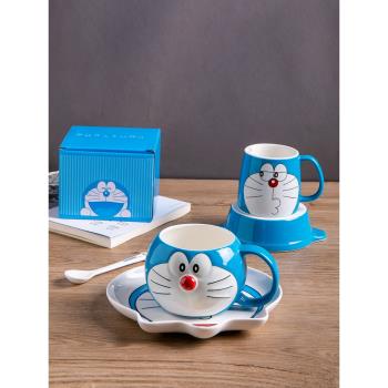 哆啦A夢兒童水杯陶瓷可愛機器貓藍胖子碗盤套裝家用叮當貓帶蓋杯