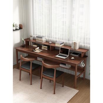 全實木雙人書桌家用帶書架長條桌子靠墻學生學習桌簡約辦公電腦桌