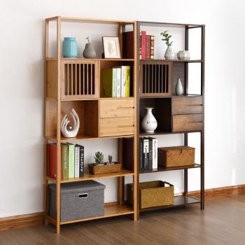 簡易書架多層落地實木收納置物架自由組合帶抽屜創意楠竹中式書柜
