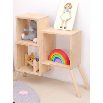 兒童房ins風床頭小書架玩具架二合一實木收納架寶寶小方格置物架