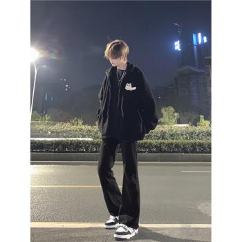 微喇加絨加厚牛仔褲男冬季高階感修身顯瘦褲子美式高街vibe直筒褲