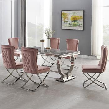 現代輕奢大理石餐桌椅組合意式長方形吃飯桌子簡約家用不銹鋼餐臺