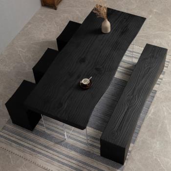 侘寂風炭化黑原木大板餐桌設計師創意實木工作臺亞克力懸浮泡茶桌