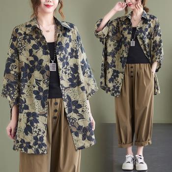 日本高端外貿出口大牌剪標夏季日系復古棉麻短袖襯衫印花減齡上衣