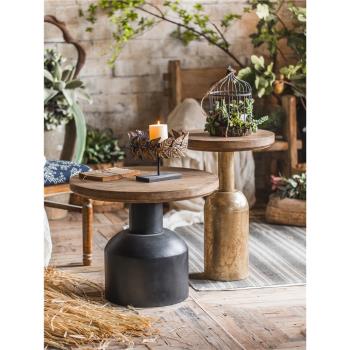 復古茶幾小戶型客廳家用實木簡易圓形小茶幾桌子圓角沙發邊幾鐵藝