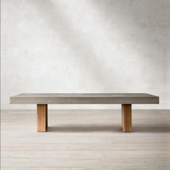 北歐簡約侘寂風全家用實木餐桌椅組合復古仿水泥桌子長方形茶臺桌