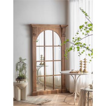 美式復古實木 假窗裝飾鏡 民宿店鋪櫥窗可掛墻羅馬柱拱門窗格鏡子