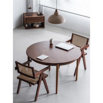 聚屋鳥 實木圓桌家用小戶型餐廳圓形飯桌現代簡約柚木餐桌椅組合