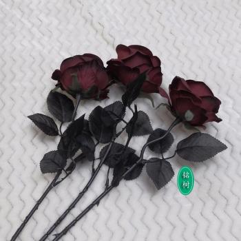 暗酒紅玫瑰絹仿真花會所裝飾單枝支只婚禮拍攝道具假哥特蘿莉酒吧