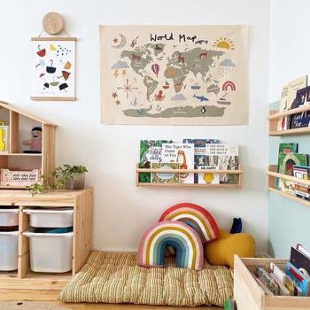 INS北歐風新款世界地圖帆布壁掛 兒童房墻面裝飾 兒童攝影道具