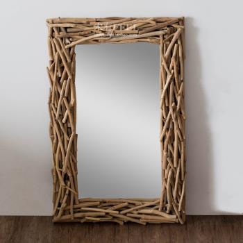 墻面裝飾鏡子客廳創意樹枝實木化妝鏡工業風復古北歐做舊鏡子外框