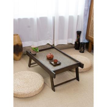 可折疊飄窗桌小茶幾炕桌實木新中式家用陽臺矮桌日式榻榻米桌竹編