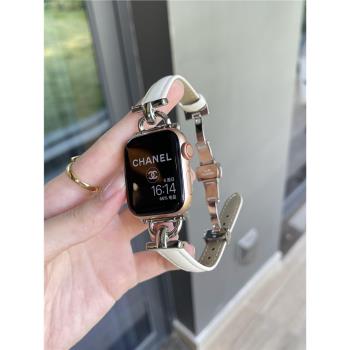 適用applewatch8表帶蘋果手錶表帶高階真皮D字金屬扣小牛皮iwatch8/76543SE折疊蝴蝶扣女款柔軟皮41/45mm新款