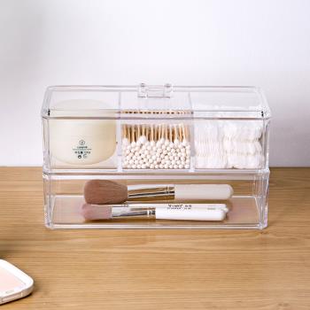 化妝棉收納盒家用亞克力桌面棉簽收納高檔卸妝棉簽盒透明防塵帶蓋