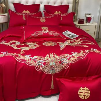 高檔160s結婚四件套大紅色床單龍鳳刺繡被套純棉喜被婚慶床上用品