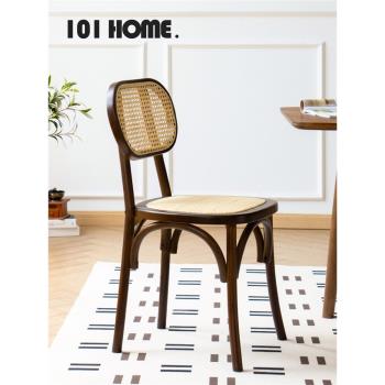 101 home胡桃木色實木餐桌椅子復古家用餐椅餐廳吃飯藤編靠背椅