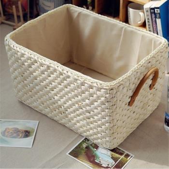 田園草編織收納筐雜物籃家用零食整理箱玩具儲物盒洗衣框臟衣籃子