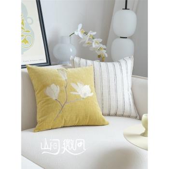 玉蘭繡花抱枕輕法式中古新中式中國風靠包靠枕客廳沙發靠墊黃色