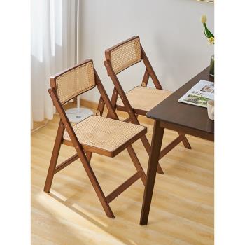 侘寂風藤編椅子家用折疊椅楠竹實木凳子靠背餐椅北歐原木風吃飯椅