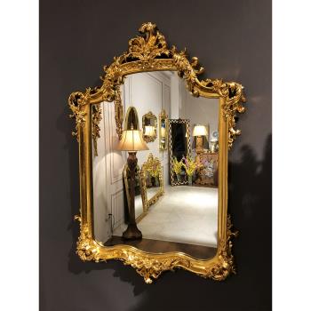 歐式梳妝鏡復古雕花衛浴鏡金色玄關鏡壁爐裝飾鏡壁掛法式化妝鏡子