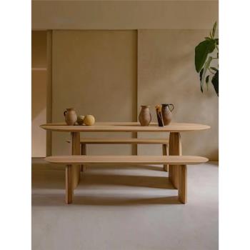 北歐實木長凳侘寂風橢圓形設計款餐桌椅極簡客廳辦公椅簡約長條凳