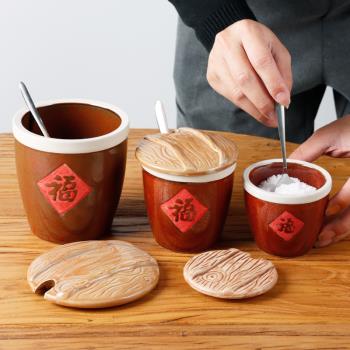 中式餐廳創意福字調料小缸商用廚房陶瓷罐鹽辣椒罐醬缸味精調味瓶