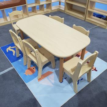 高端幼兒園早教中心兒童實木桌椅蠟油無漆環保長方形六人桌學習桌