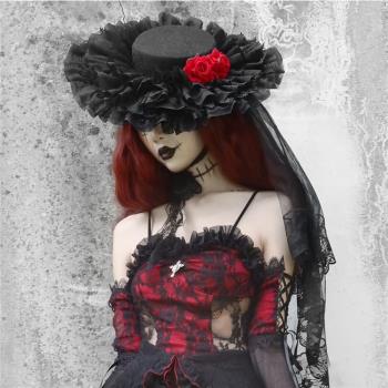 洛麗塔原創夜訪黑紅玫瑰扁帽蕾絲