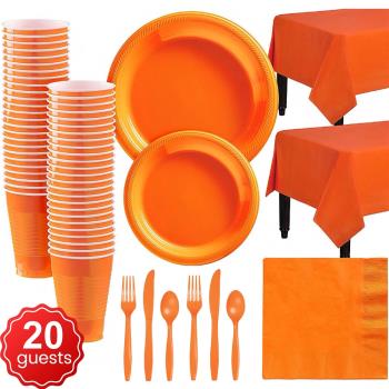 橘色橙色一次性塑料盤子杯子餐具套裝萬圣節感恩節派對裝飾桌布