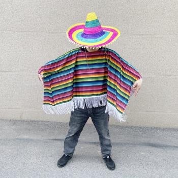 成人節日派對COS萬圣節墨西哥服裝披風肩彩色條紋表演服流蘇斗篷