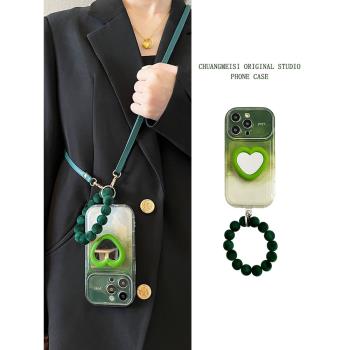 智格 小眾綠色愛心鏡子支架適用于蘋果14手機殼iphone15pro簡約14promax女款13透明軟殼12保護套11斜挎13pro