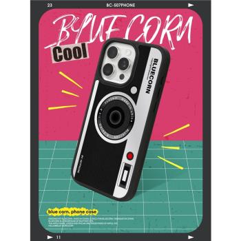 【bluecorn】藍色苞米復古照相機高級感立體視覺適用於蘋果iPhone 15 14 13 Pro Max磁吸magsafe鏡面防摔手機