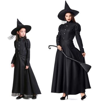 萬圣節女士巫婆魔法師cosplay女巫扮演服黑色長裙帽子套裝親子裝