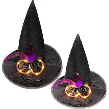 萬圣節帶燈女巫帽派對舞會led發光巫婆帽絨布彎角巫師帽子頭飾新