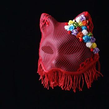 萬圣節舞會成人貓全臉紅色流蘇面具舞臺唱歌日本和風狐貍貓假面罩