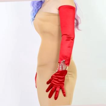 70cm長手套絲綢緞面女彈力酒紅色聖誕綠赫本禮服萬聖節洛麗塔cos