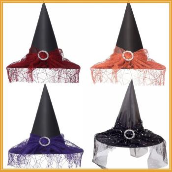 萬圣節派對女巫帽 蕾絲遮臉神秘魔法師巫婆帽子 滌塔夫紗帽服裝