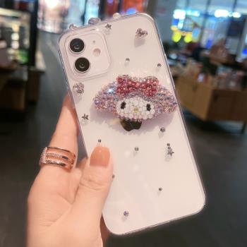 美樂蒂iPhone15鑲鉆手機殼奢華新款蘋果14plus帶鉆石閃13mini卡通可愛12透明軟矽膠套XSMax防摔7plus網紅女xr
