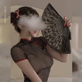 鹿叔：一把扇子！蕾絲旗袍扇子漢服折疊黑色復古中國風萬聖節道具