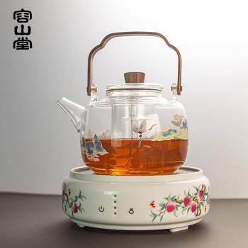 容山堂千里江山玻璃煮茶壺燒水壺陶瓷電陶爐提樑蒸茶壺煮茶器套裝