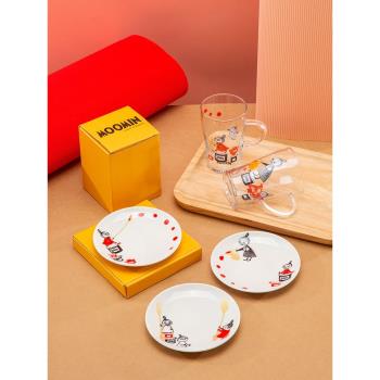 Moomin日本進口亞美耐熱玻璃杯有柄水杯茶杯牛奶杯耐高溫卡通小碟