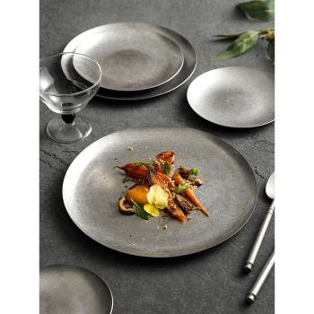 不銹鋼304餐盤圓盤西餐牛排盤子法式復古餐具餐廳骨碟平盤甜品盤
