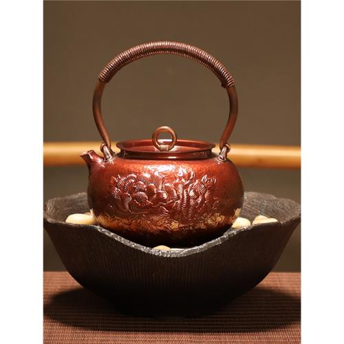 銅壺北越堂日本純紫銅茶壺一體燒水煮茶壺純手工煮茶器電陶爐套裝|茶壺