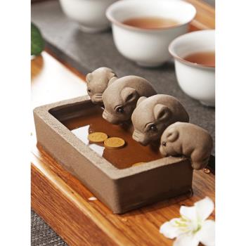 四只小豬喝水紫砂茶寵 宜興段泥豐衣足食 可變色創意功夫茶玩可養