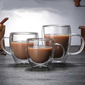 耐熱雙層玻璃杯帶把咖啡杯牛奶杯果汁杯早餐杯辦公室創意透明茶杯