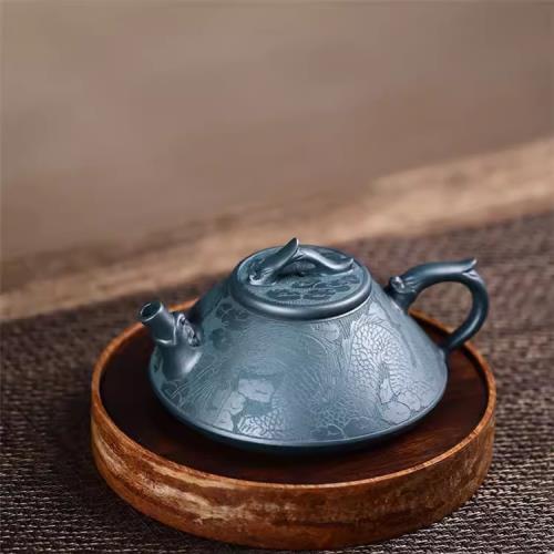 宜興紫砂壺原礦天青泥刻繪龍鈕龍紋祥云子冶石瓢210CC綠泥茶壺