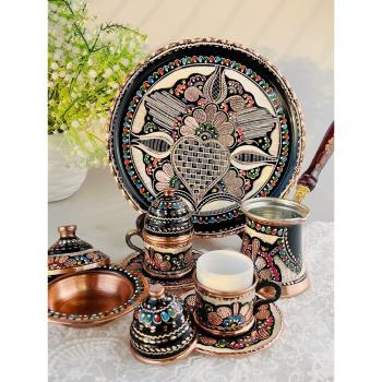 歐式高級咖啡杯咖啡壺 土耳其進口手工雕花手繪琺瑯彩銅金屬套裝