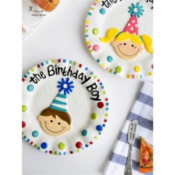 出口美國新款男孩女孩生日盤子 手繪浮雕釉下彩西餐盤 蛋糕盤禮品