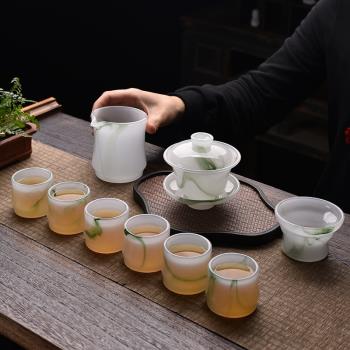 琉璃白玉茶具套裝水墨玉瓷茶具套裝蓋碗公道杯功夫茶杯石琉璃高端